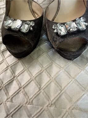 Nine West Black Jeweled Peep-Toe Platform Heels